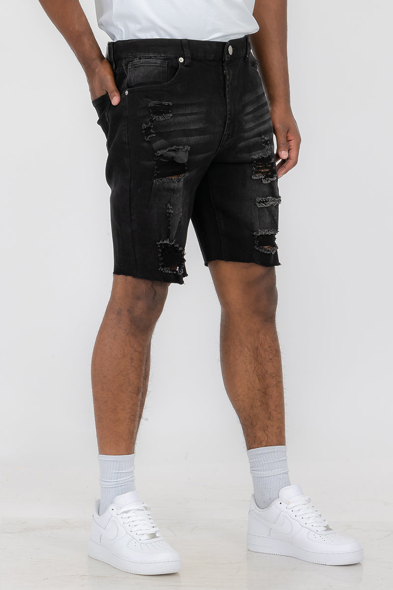 Washed Distressed Denim Shorts-5