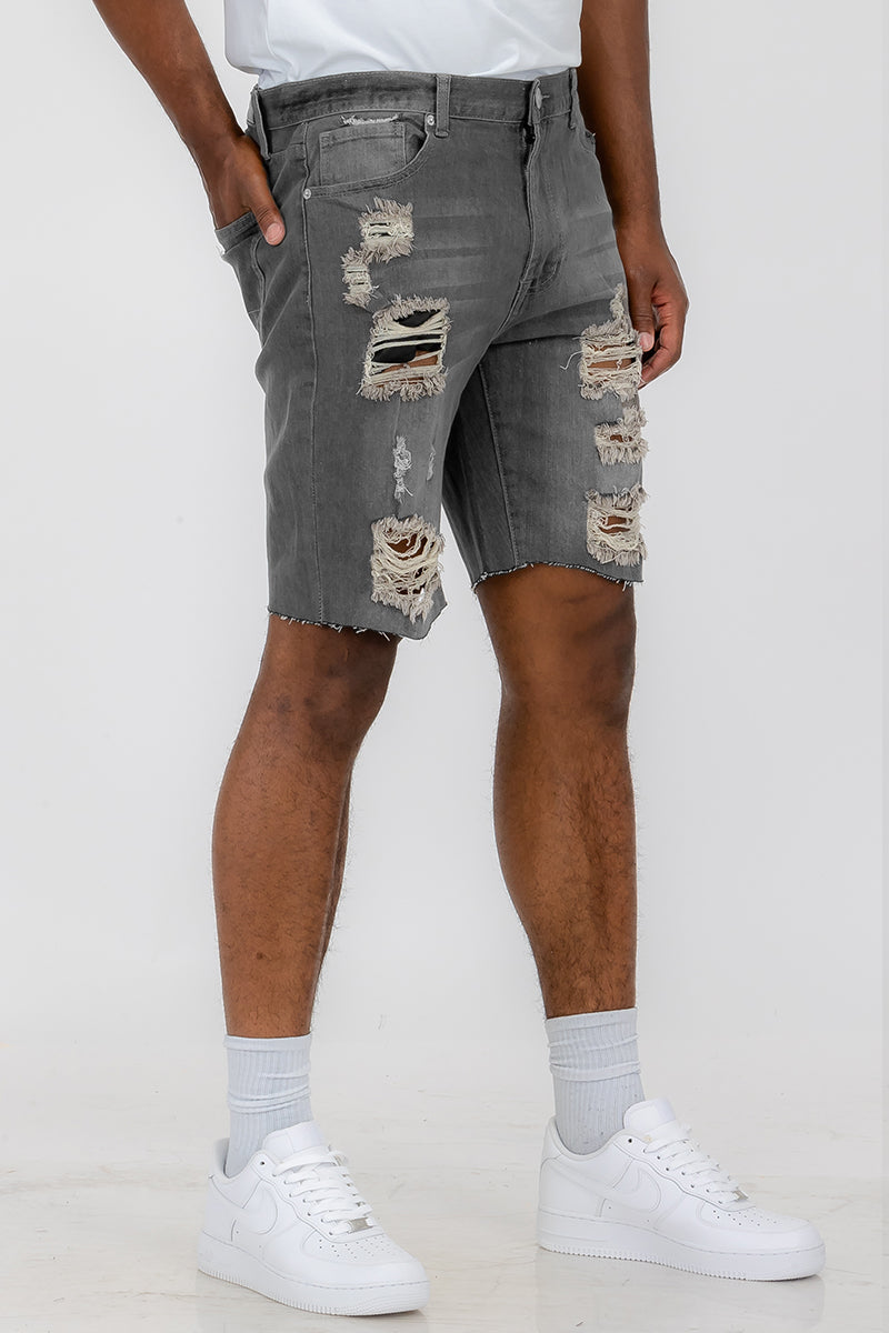 Washed Distressed Denim Shorts-6