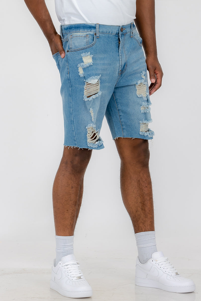 Washed Distressed Denim Shorts-7