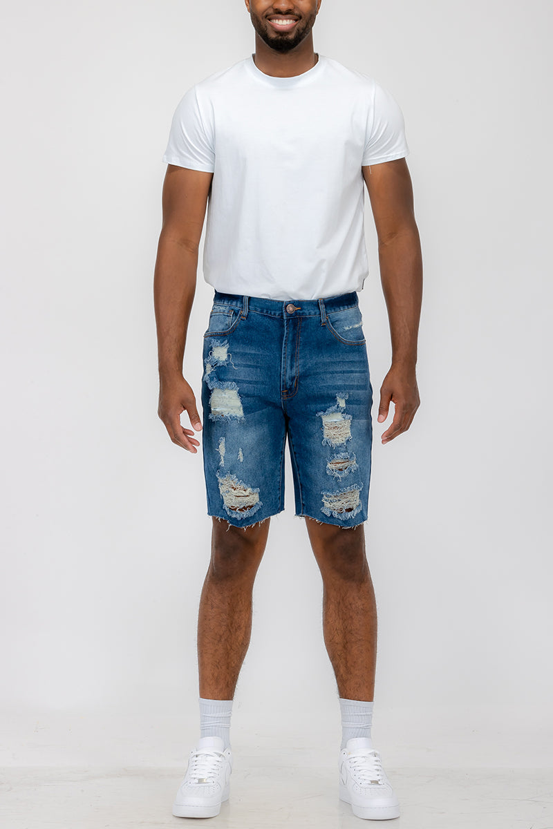 Washed Distressed Denim Shorts-2