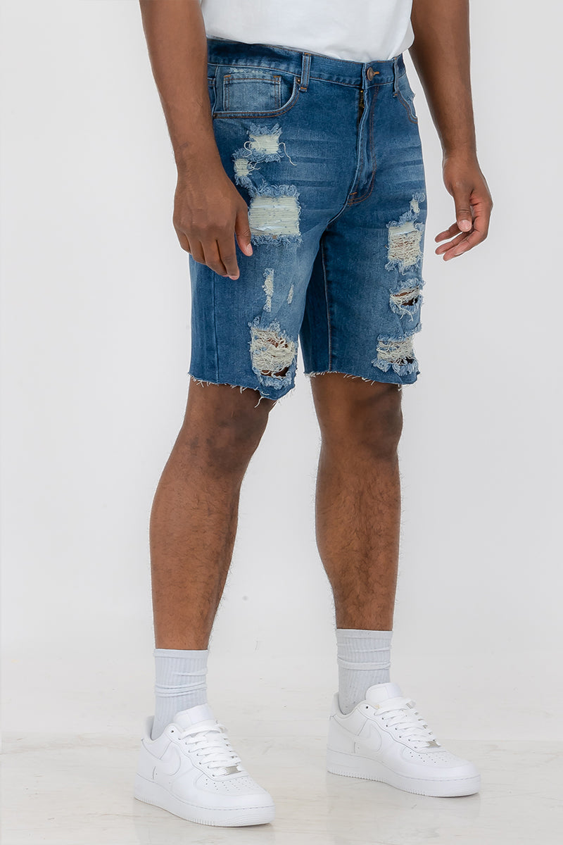 Washed Distressed Denim Shorts-3