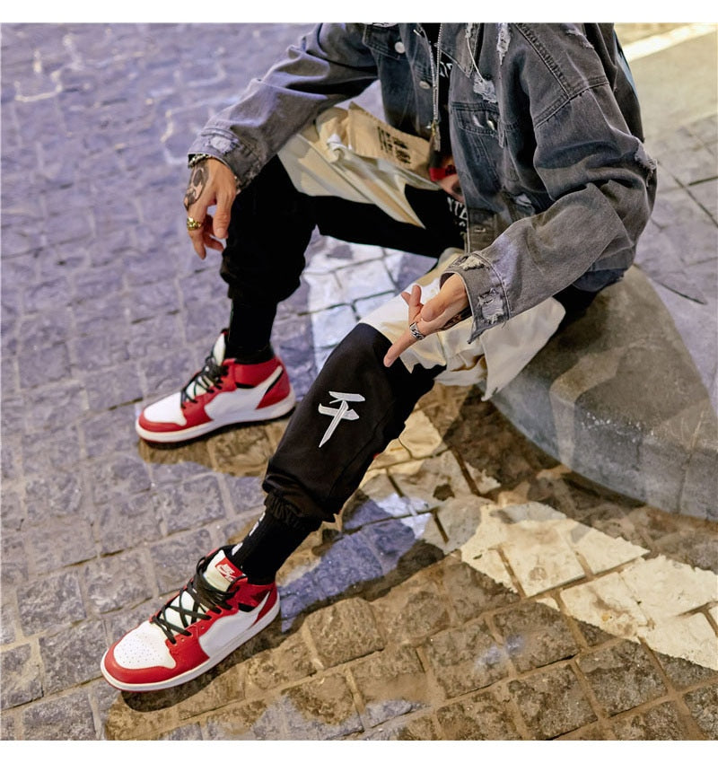 Men Cargo Patchwork Track Pants Fashion High Steet Joggers Sweatpants Streetwear-2