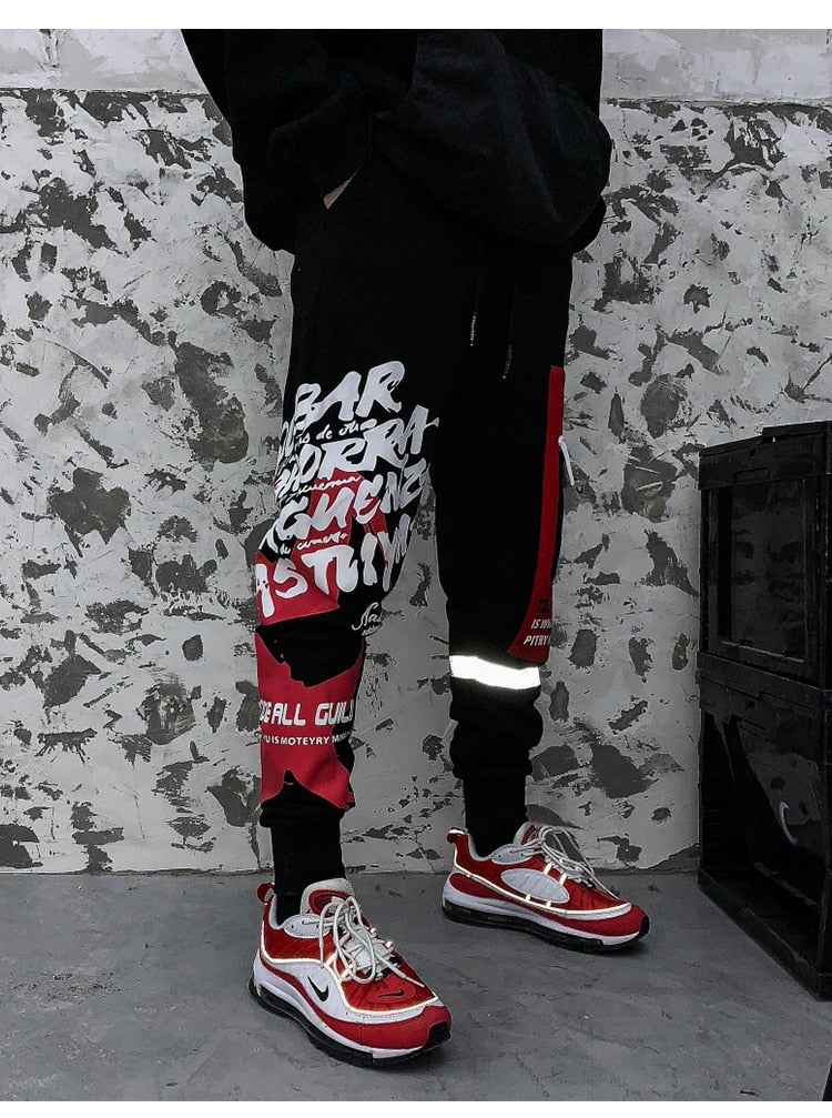 Sweatpants Cool Letter Print Pants Men Harajuku Patchwork Ribbon Harem Pants Streetwear-2
