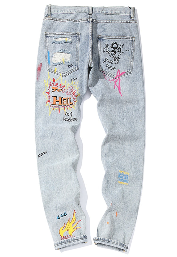 Men Broken Hole Trousers Cute Letter Print Jeans High Street Casual Streetwear-0