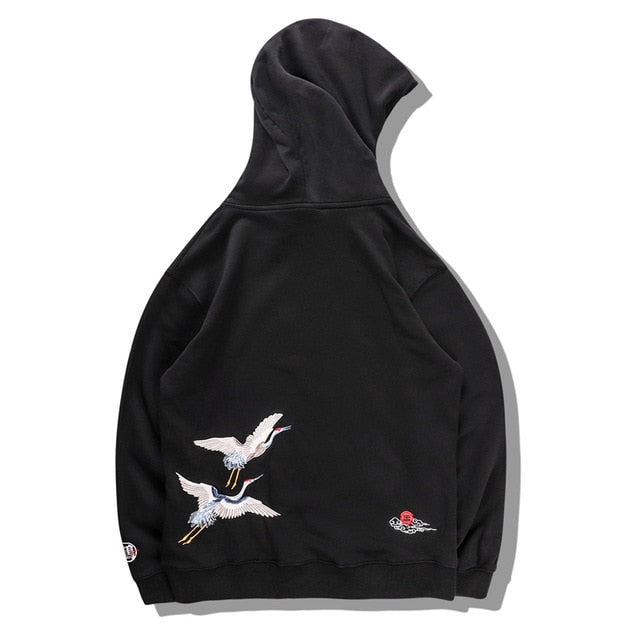 Japanese Crane Bird Embroidered Pullover Hooded Sweatshirts Hoodies Men Harajuku Hip Hop Hoodie Streetwear Tops-6