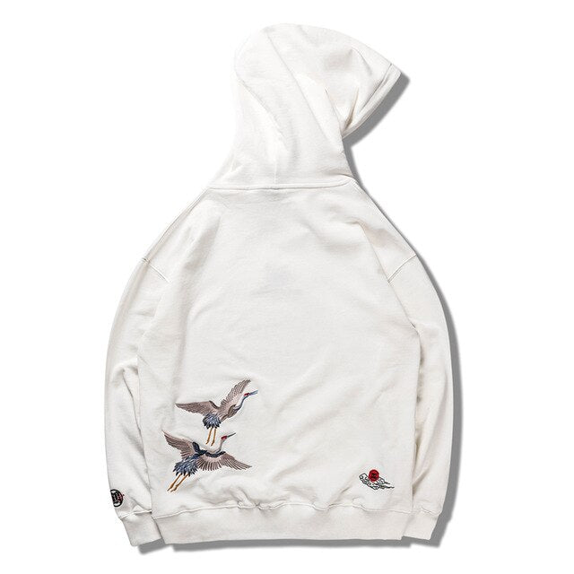 Japanese Crane Bird Embroidered Pullover Hooded Sweatshirts Hoodies Men Harajuku Hip Hop Hoodie Streetwear Tops-5