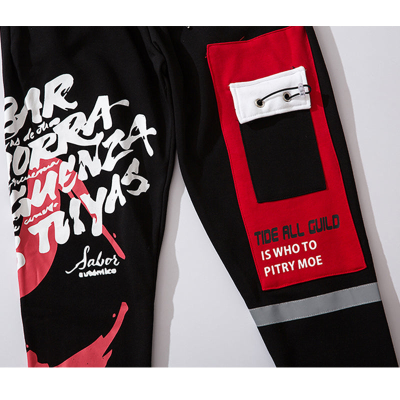 Sweatpants Cool Letter Print Pants Men Harajuku Patchwork Ribbon Harem Pants Streetwear-3