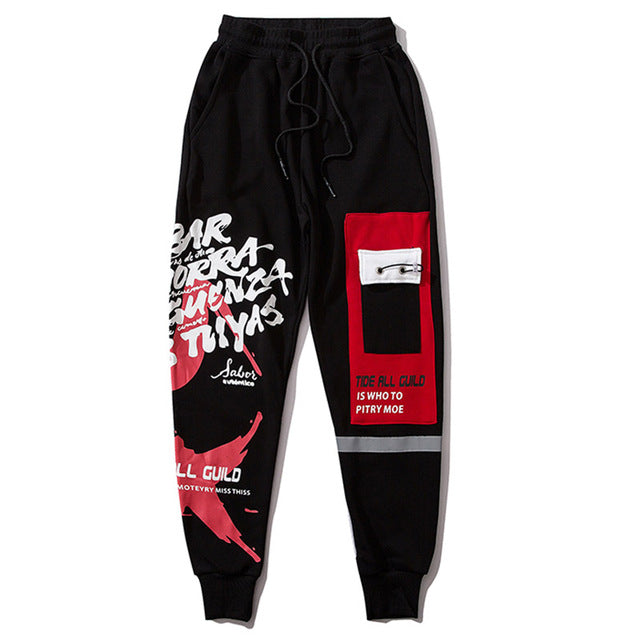 Sweatpants Cool Letter Print Pants Men Harajuku Patchwork Ribbon Harem Pants Streetwear-0