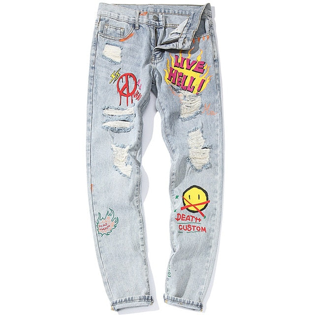 Men Broken Hole Trousers Cute Letter Print Jeans High Street Casual Streetwear-5