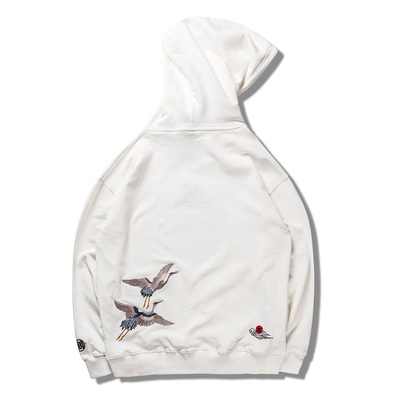 Japanese Crane Bird Embroidered Pullover Hooded Sweatshirts Hoodies Men Harajuku Hip Hop Hoodie Streetwear Tops-3