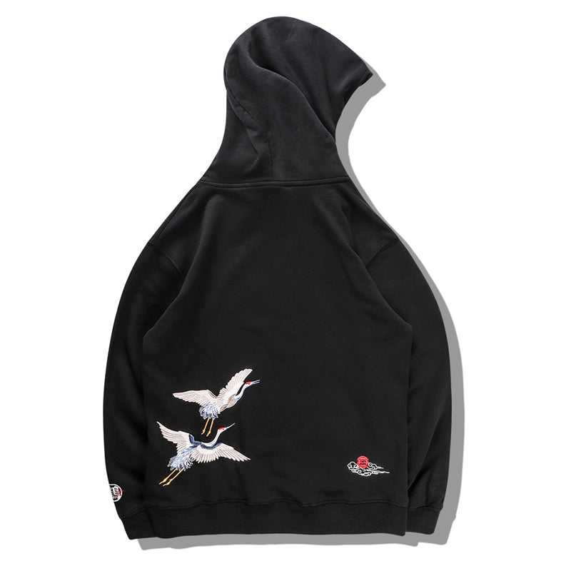 Japanese Crane Bird Embroidered Pullover Hooded Sweatshirts Hoodies Men Harajuku Hip Hop Hoodie Streetwear Tops-0