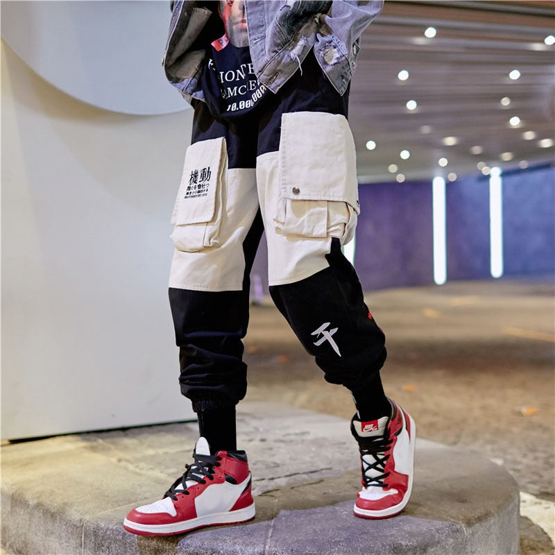 Men Cargo Patchwork Track Pants Fashion High Steet Joggers Sweatpants Streetwear-0