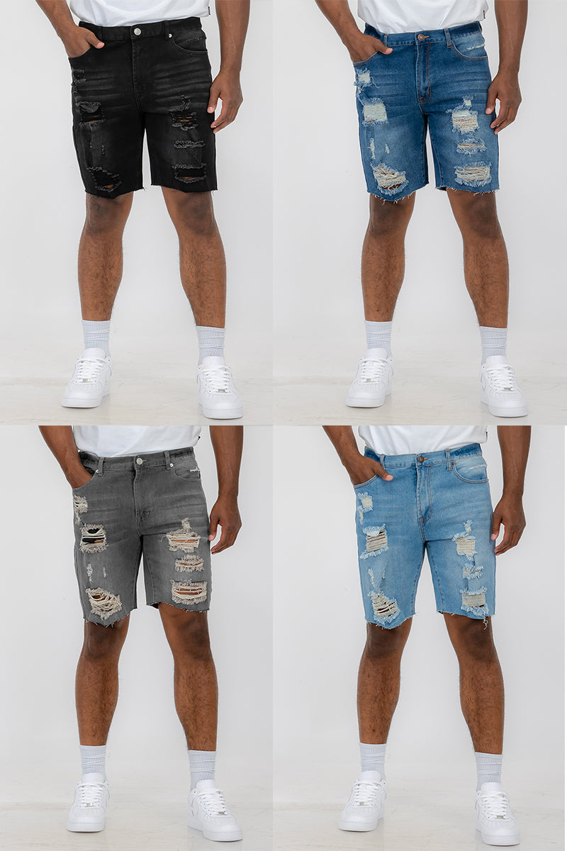 Washed Distressed Denim Shorts-1